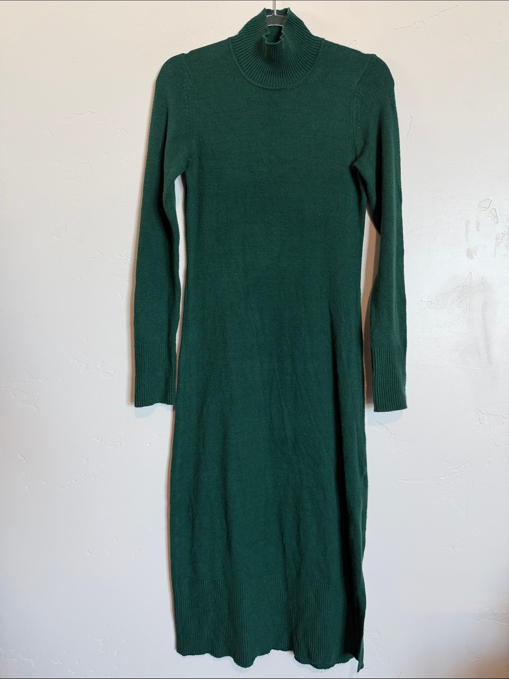 Ribbed Turtleneck Long-Sleeve Knit Dress - Deep Green